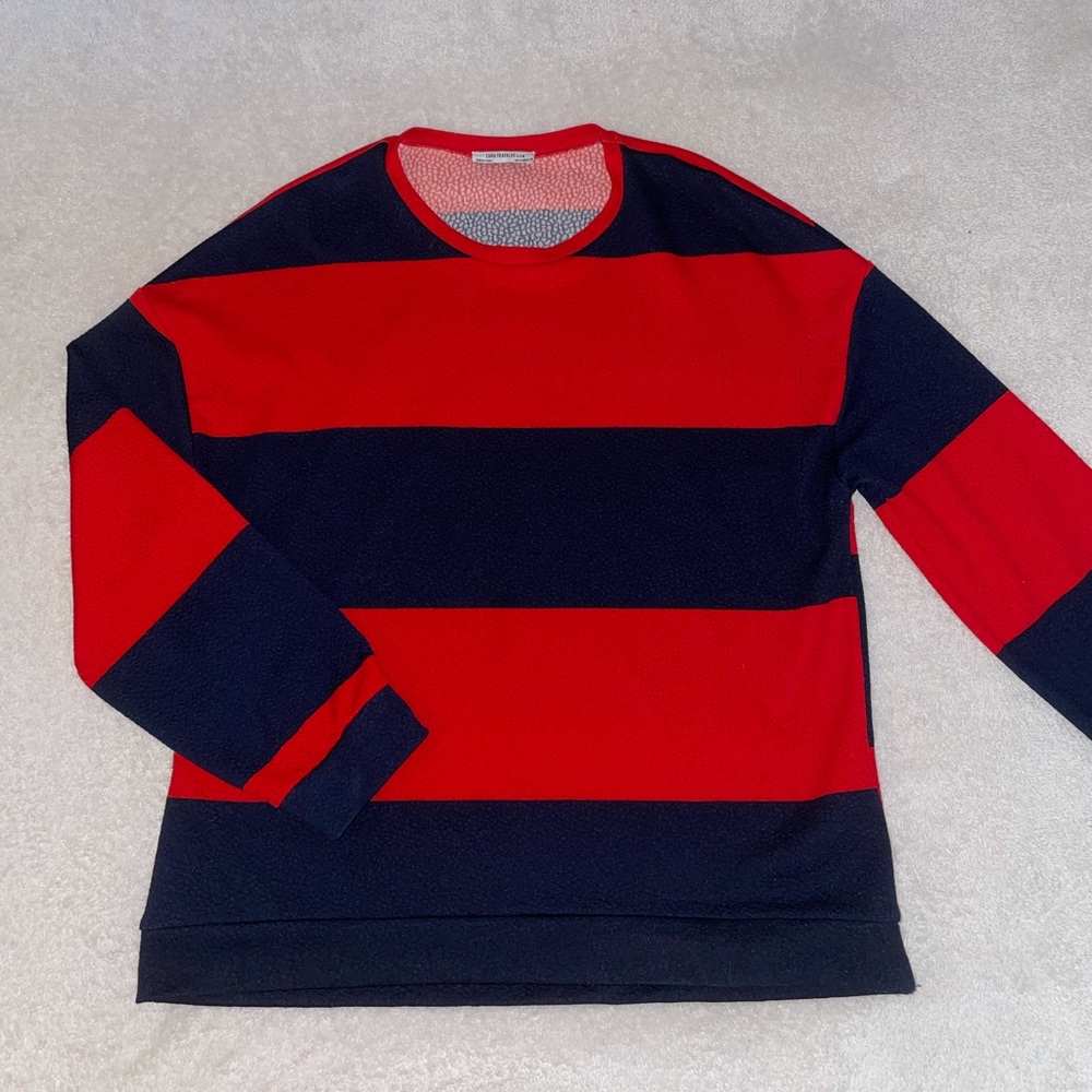 Zara Long Sleeve Striped Shirt Oversized Red Navy
